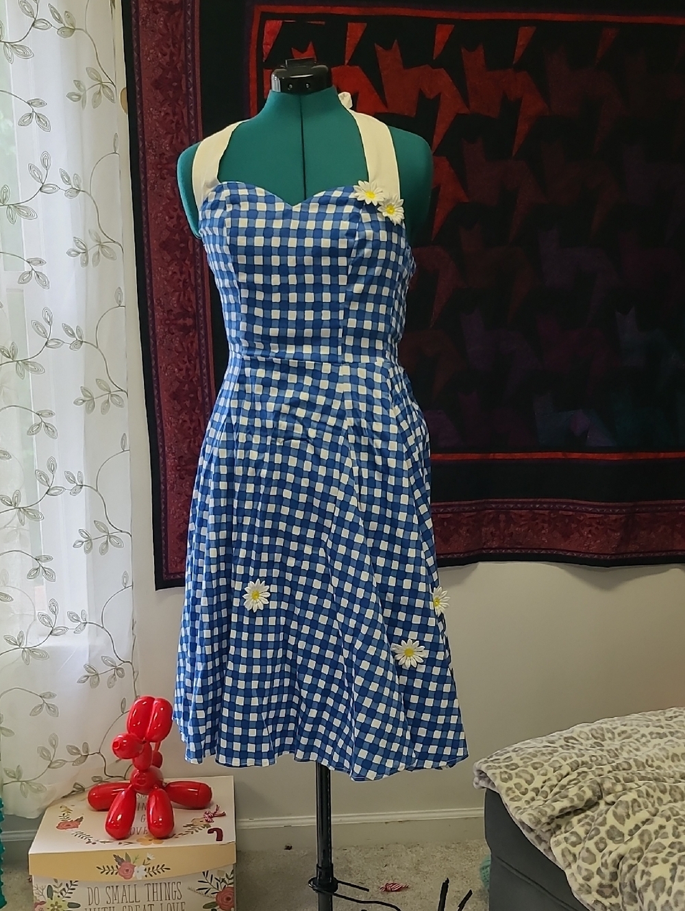 Collectif Blue & White Gingham Halter Dress with Daisy Detail